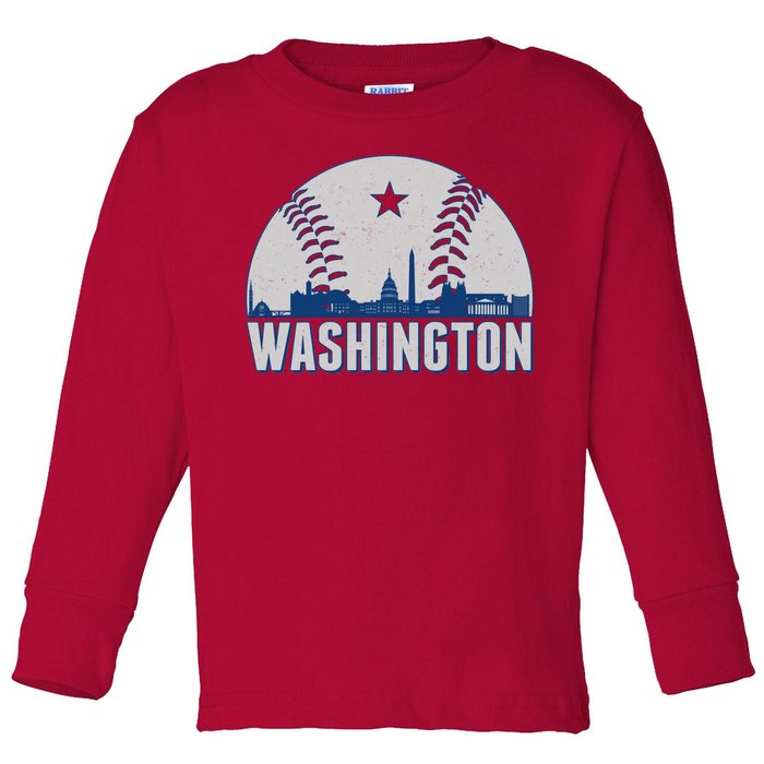 Washington DC Baseball Skyline Toddler Long Sleeve Shirt