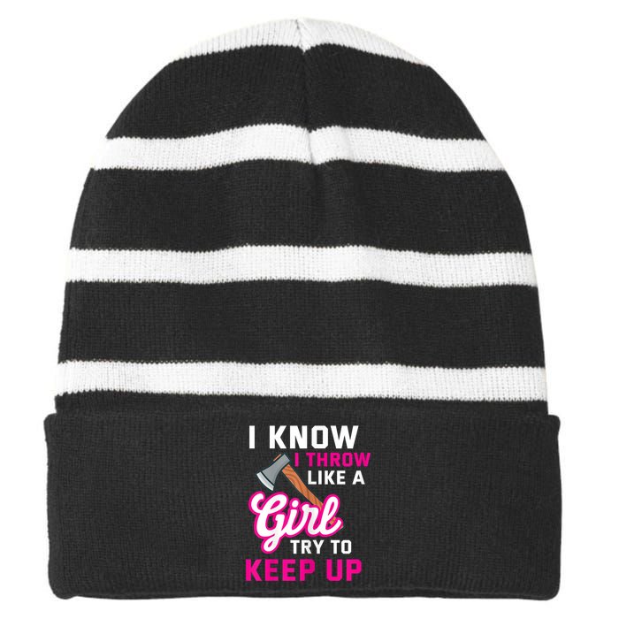 Womens Axe Throwing Quote For Your Axe Throwing Girlfriend Striped Beanie with Solid Band