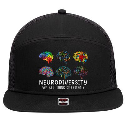 We All Think Differently Brain Autism Neurodiversity 7 Panel Mesh Trucker Snapback Hat