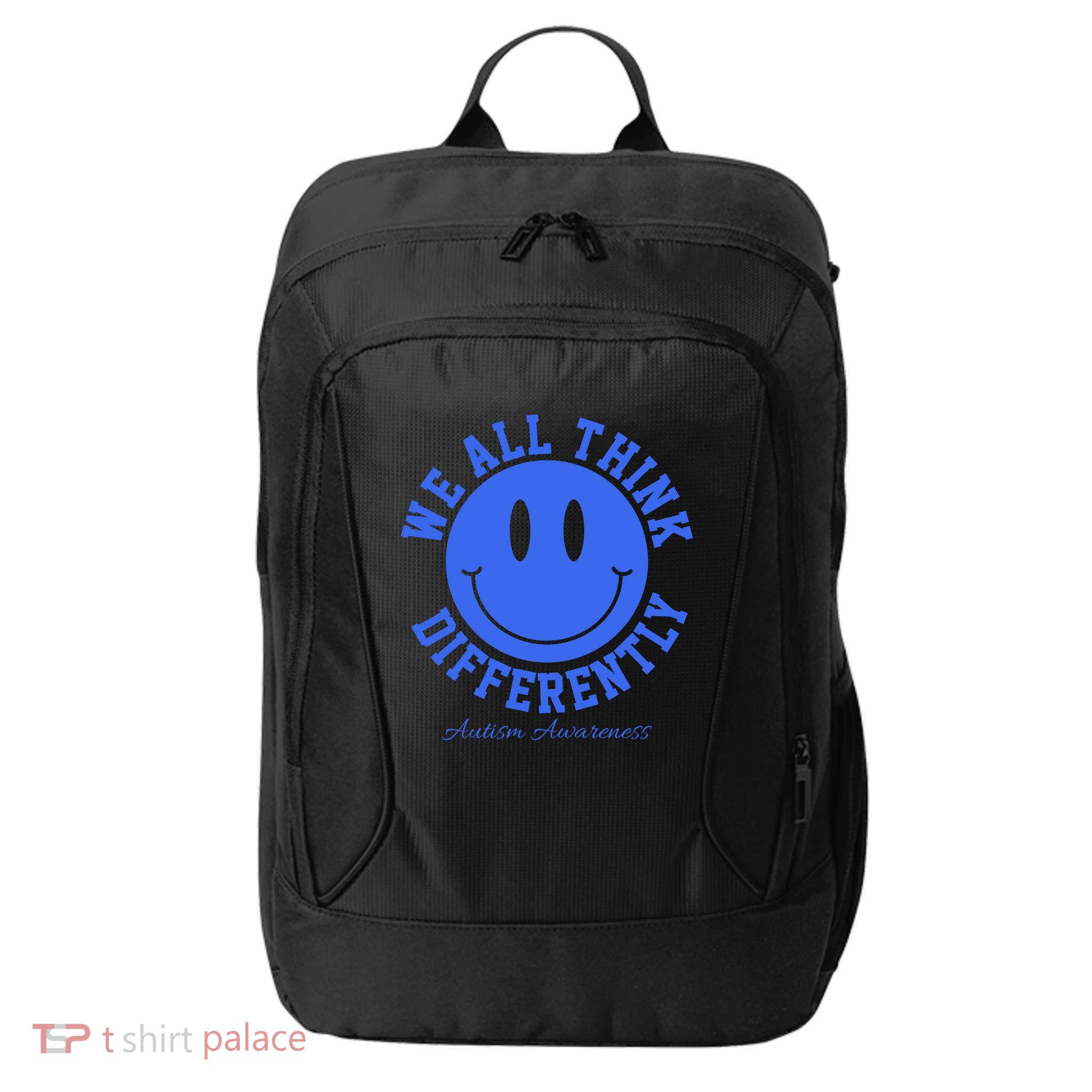 We All Think Differently Autism Awareness Smile Face City Backpack