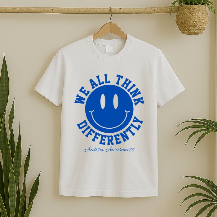 We All Think Differently Autism Awareness Smile Face T-Shirt