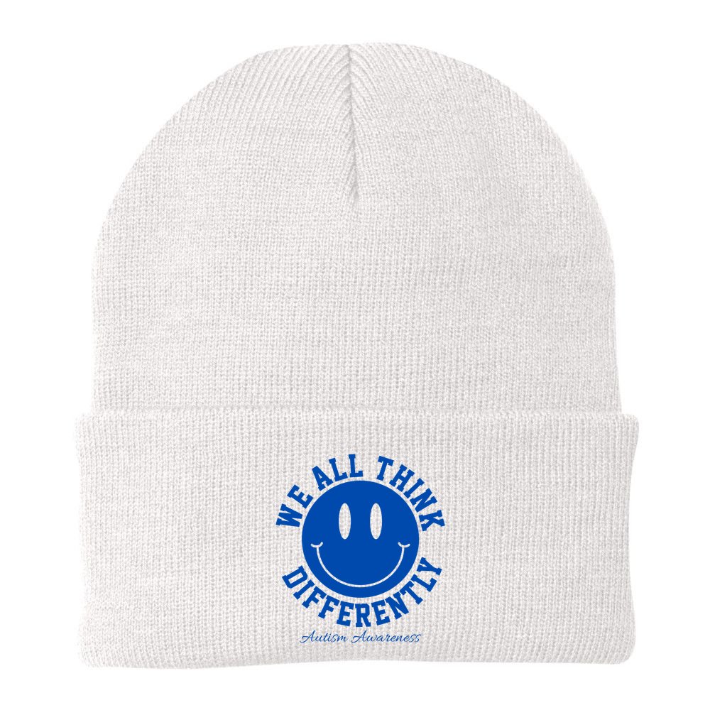 We All Think Differently Autism Awareness Smile Face Beanie