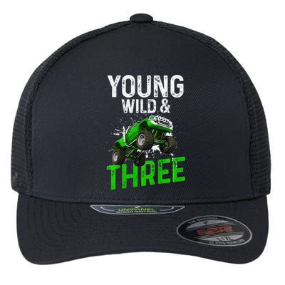 Wild And Three Monster Truck Theme Birthday 3 Years Flexfit Unipanel Trucker Cap