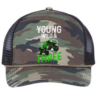 Wild And Three Monster Truck Theme Birthday 3 Years Retro Rope Trucker Hat Cap