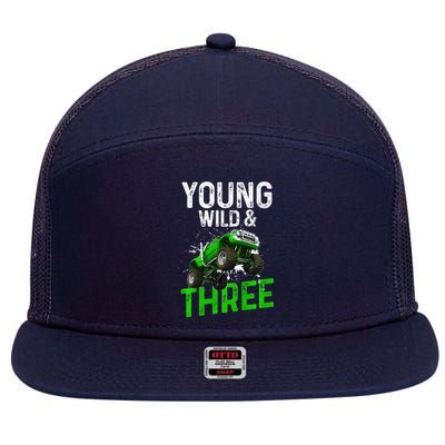 Wild And Three Monster Truck Theme Birthday 3 Years 7 Panel Mesh Trucker Snapback Hat