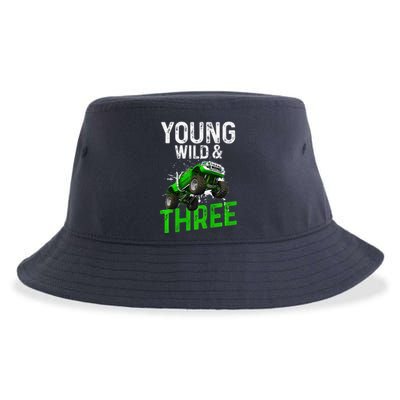 Wild And Three Monster Truck Theme Birthday 3 Years Sustainable Bucket Hat