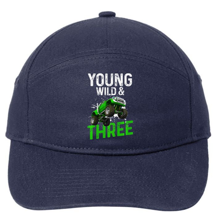 Wild And Three Monster Truck Theme Birthday 3 Years 7-Panel Snapback Hat