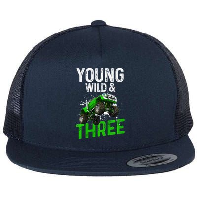 Wild And Three Monster Truck Theme Birthday 3 Years Flat Bill Trucker Hat