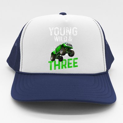 Wild And Three Monster Truck Theme Birthday 3 Years Trucker Hat