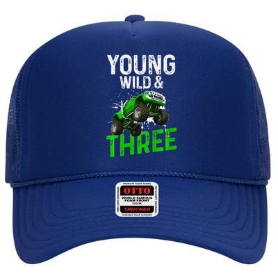 Wild And Three Monster Truck Theme Birthday 3 Years High Crown Mesh Back Trucker Hat