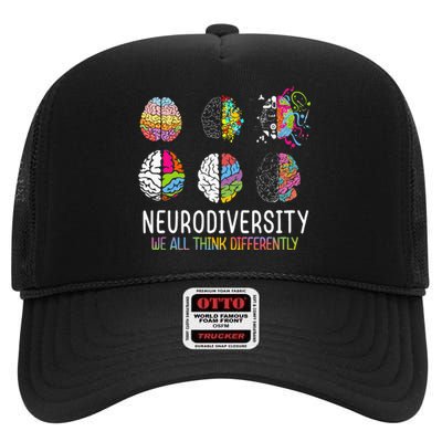 We All Think Differently Neurodiversity Autism High Crown Mesh Back Trucker Hat