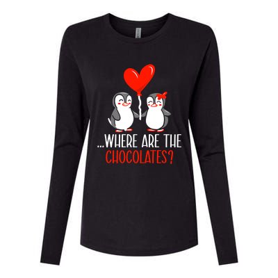 Where Are The Chocolates Cute Penguin Couple Valentine's Day Funny Gift Womens Cotton Relaxed Long Sleeve T-Shirt