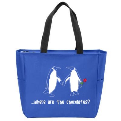 Where Are The Chocolates Cute Penguin Couple Valentine's Day Gift Zip Tote Bag