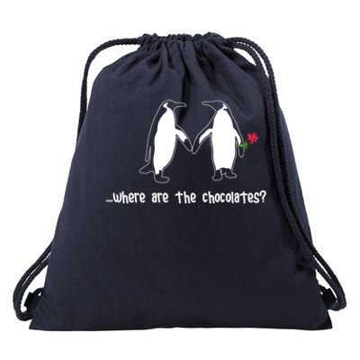 Where Are The Chocolates Cute Penguin Couple Valentine's Day Gift Drawstring Bag