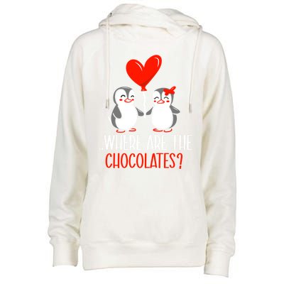 Where Are The Chocolates Cute Penguin Couple Valentine's Day Funny Gift Womens Funnel Neck Pullover Hood