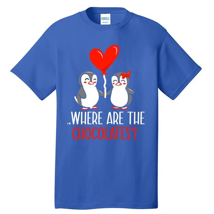 Where Are The Chocolates Cute Penguin Couple Valentine's Day Funny Gift Tall T-Shirt