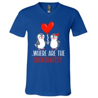 Where Are The Chocolates Cute Penguin Couple Valentine's Day Funny Gift V-Neck T-Shirt