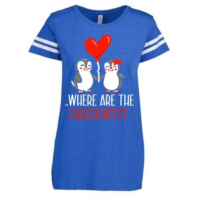 Where Are The Chocolates Cute Penguin Couple Valentine's Day Funny Gift Enza Ladies Jersey Football T-Shirt