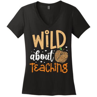 Wild About Teaching Teacher Back to School Leopard Print Women's V-Neck T-Shirt