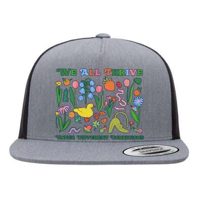 We All Thrive Under Different Conditions Autism Teacher Special Education Flat Bill Trucker Hat