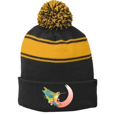 Watercolor Hummingbird Stripe Pom Pom Beanie