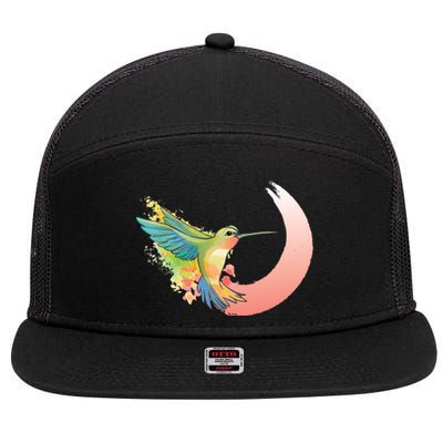 Watercolor Hummingbird 7 Panel Mesh Trucker Snapback Hat