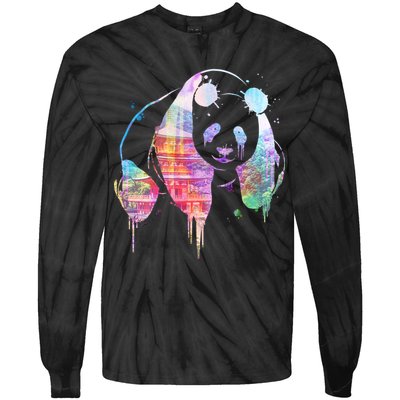 Watercolor Panda Bear Double Exposure Tie-Dye Long Sleeve Shirt