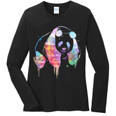 Watercolor Panda Bear Double Exposure Ladies Long Sleeve Shirt