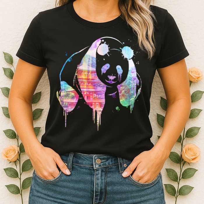 Watercolor Panda Bear Double Exposure Womens T-Shirt