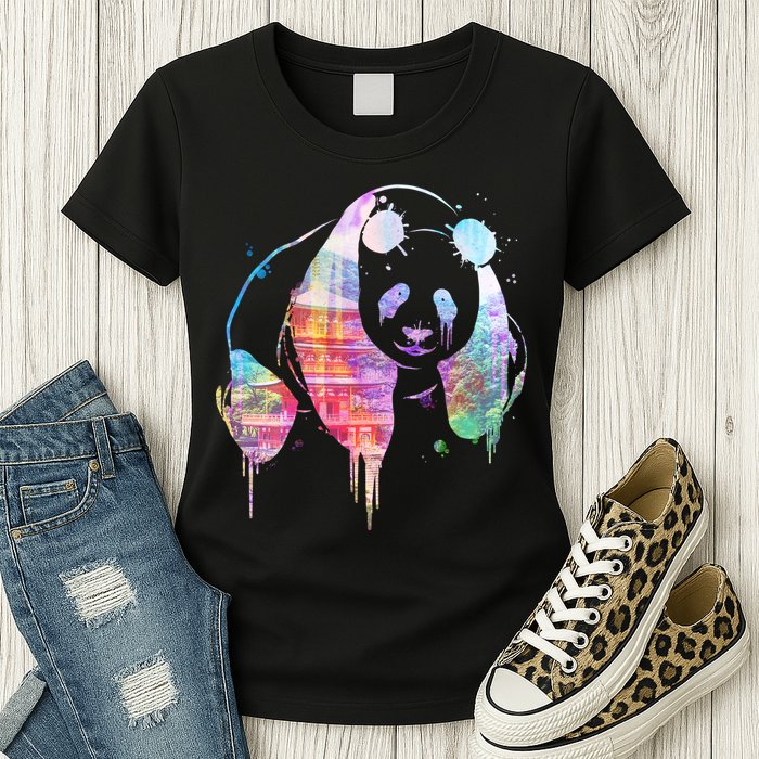 Watercolor Panda Bear Double Exposure Womens T-Shirt