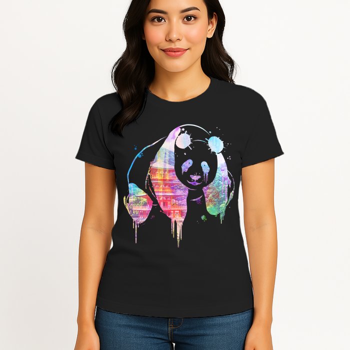 Watercolor Panda Bear Double Exposure Womens T-Shirt