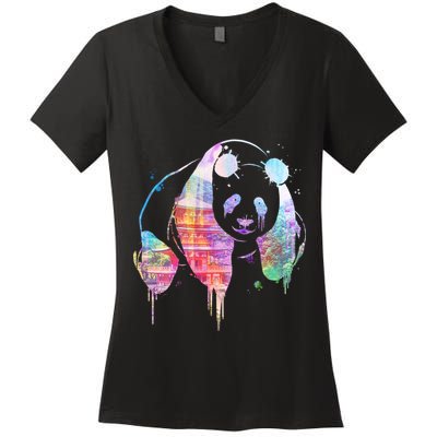 Watercolor Panda Bear Double Exposure Women's V-Neck T-Shirt