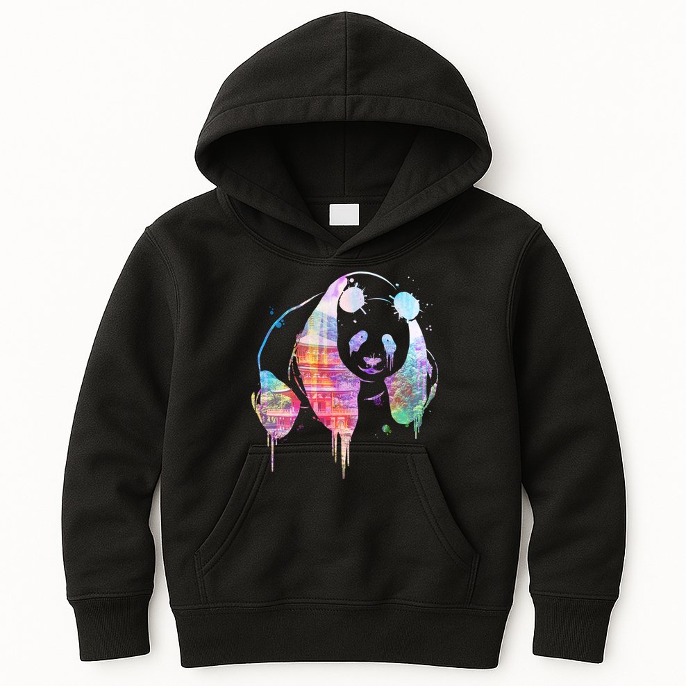 Watercolor Panda Bear Double Exposure Kids Hoodie