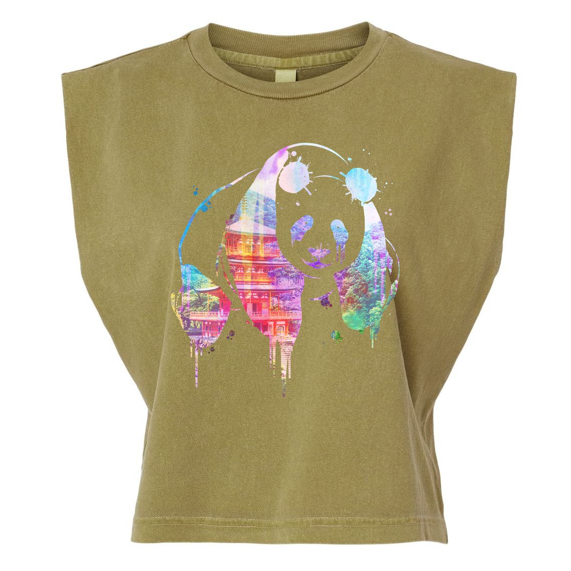 Watercolor Panda Bear Double Exposure Garment-Dyed Women's Muscle Tee
