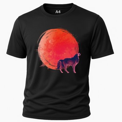 Watercolor Red Moon and Howling Wolf Performance Shirt
