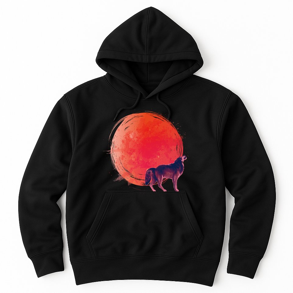 Watercolor Red Moon and Howling Wolf Hoodie