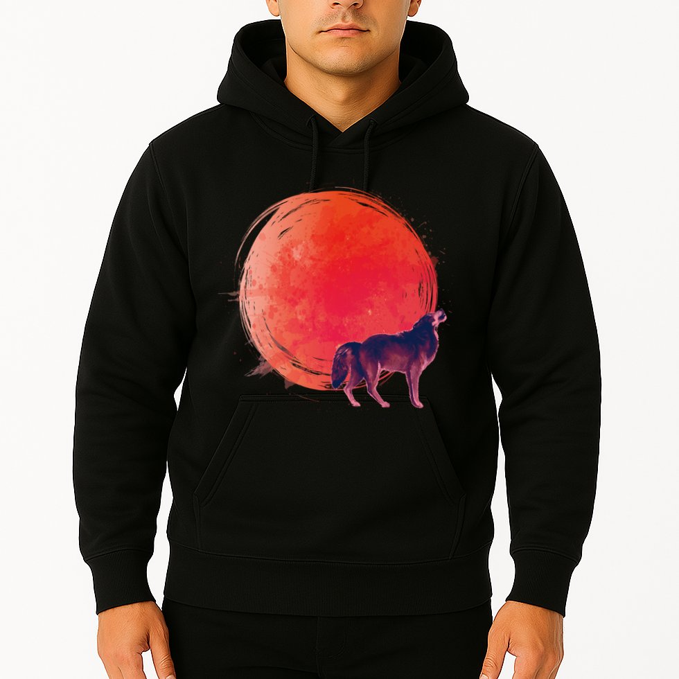 Watercolor Red Moon and Howling Wolf Hoodie