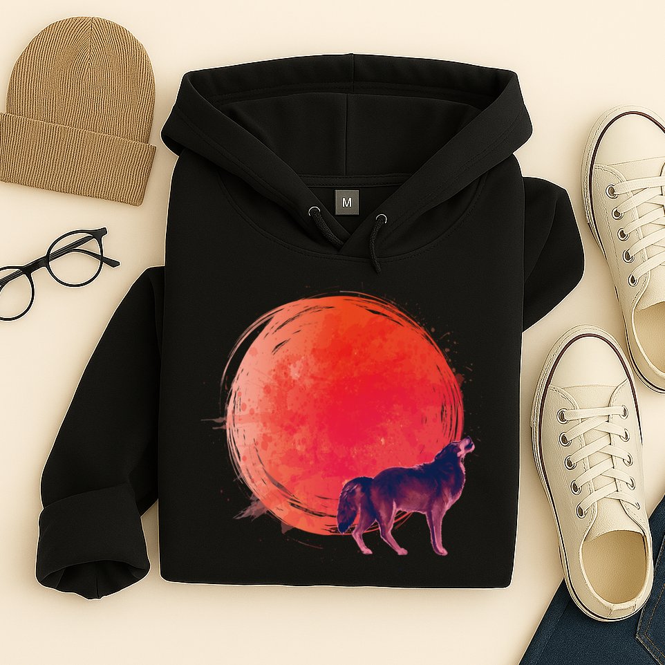 Watercolor Red Moon and Howling Wolf Hoodie