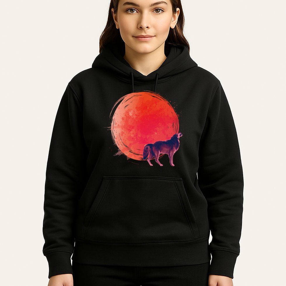 Watercolor Red Moon and Howling Wolf Hoodie