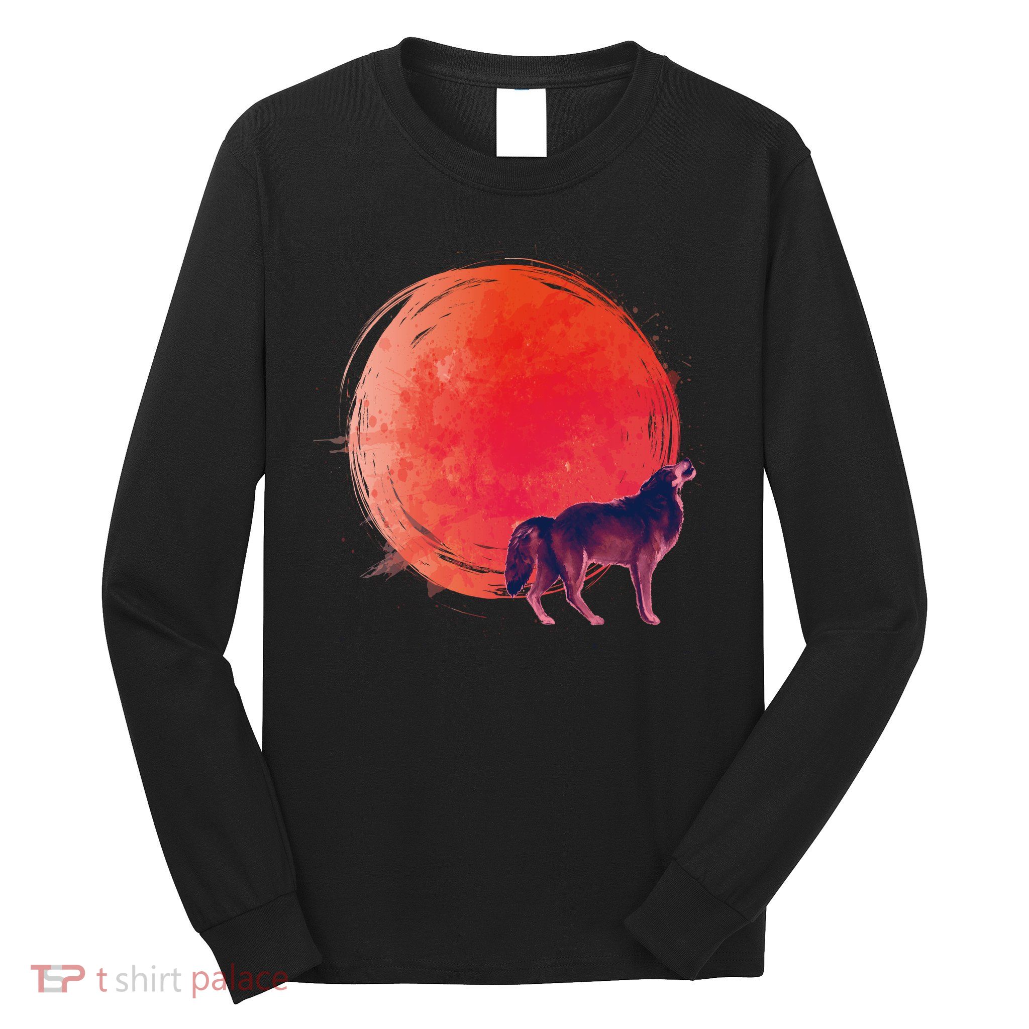 Watercolor Red Moon and Howling Wolf Long Sleeve Shirt
