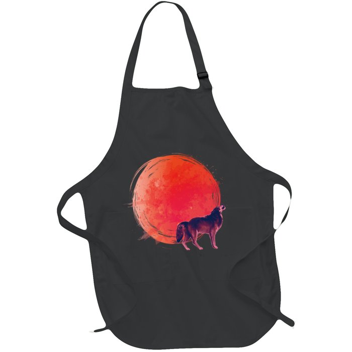 Watercolor Red Moon and Howling Wolf Apron
