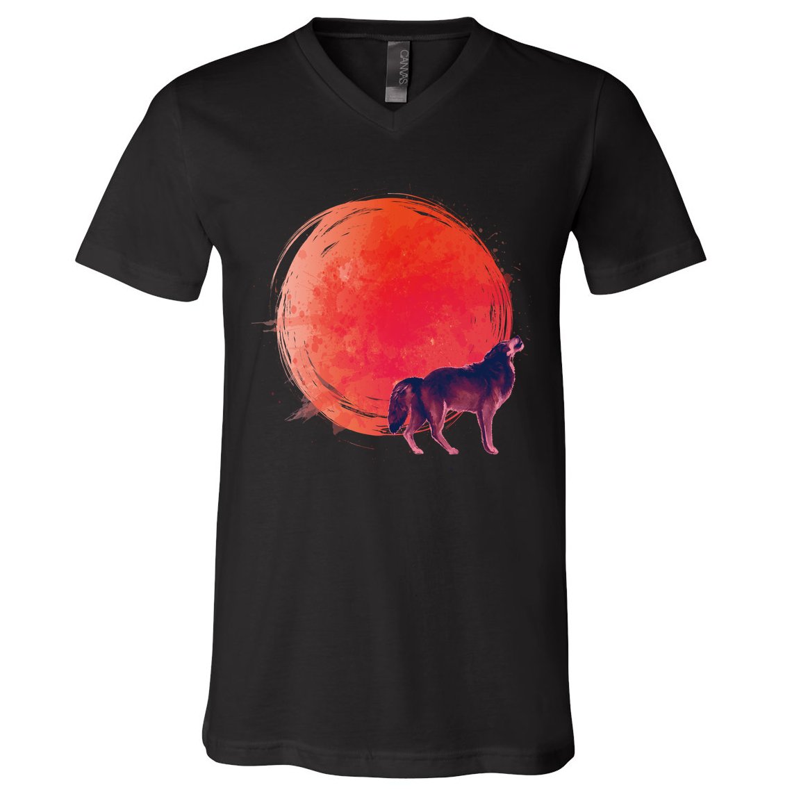 Watercolor Red Moon and Howling Wolf V-Neck T-Shirt