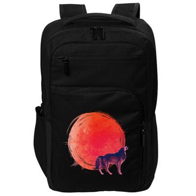 Watercolor Red Moon and Howling Wolf Impact Tech Backpack