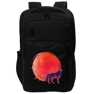 Watercolor Red Moon and Howling Wolf Impact Tech Backpack