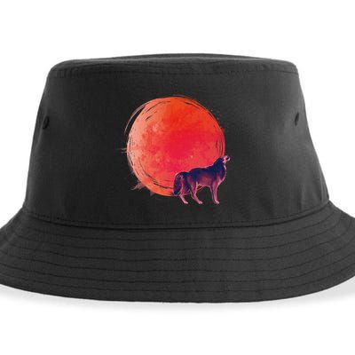 Watercolor Red Moon and Howling Wolf Sustainable Bucket Hat