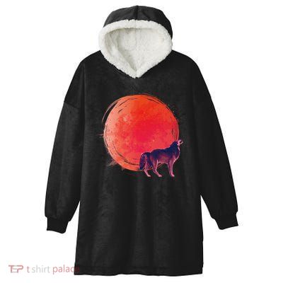 Watercolor Red Moon and Howling Wolf Hooded Wearable Blanket