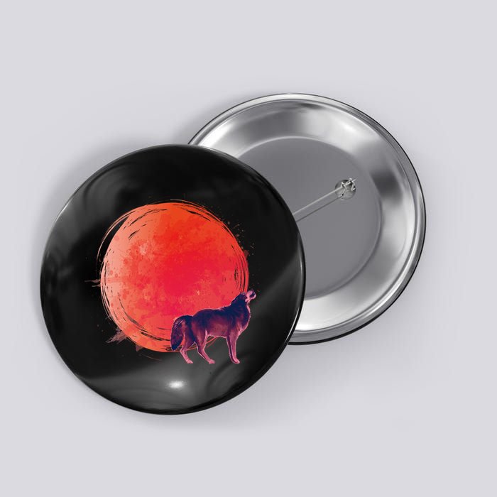 Watercolor Red Moon and Howling Wolf Button