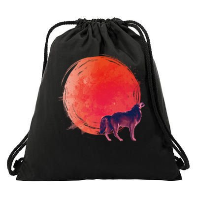 Watercolor Red Moon and Howling Wolf Drawstring Bag