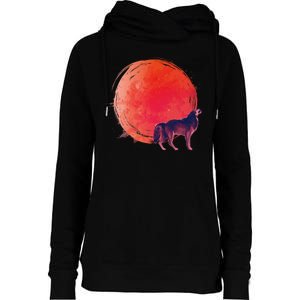 Watercolor Red Moon and Howling Wolf Womens Funnel Neck Pullover Hood