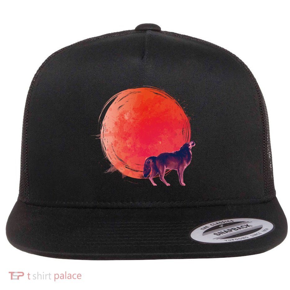 Watercolor Red Moon and Howling Wolf Flatbill Hat